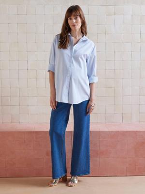 Popeline shirt voor zwangerschap en borstvoeding bleekblauw