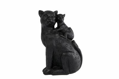 Sculptuur "Leopard with cub" zwart polystone 13x9x15cm