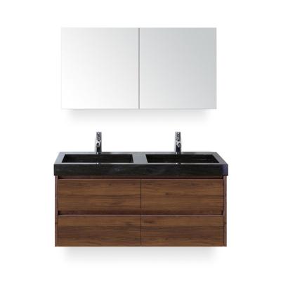 Dante Badmeubelset 120 cm - Walnoot - Wastafel Hardsteen Wit Lucca Dubbel - met Spiegelkast