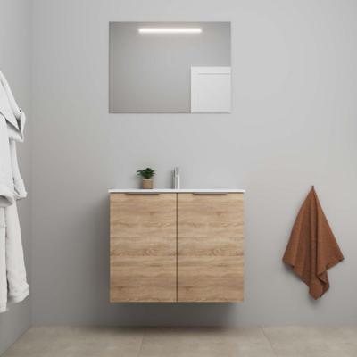 On-Line Badkamermeubelset - 80 cm - Voorgemonteerd - 2 Deuren met Greep - Porseleinen Wastafel - 1 Kraangat - Spiegel met LED-Verlichting - Eiken