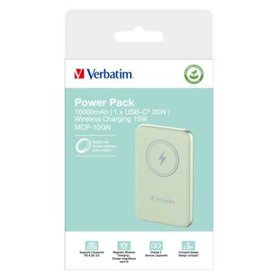 Verbatim Charge n Go Magnetic Wireless Powerbank 10000 mAh Fast Charge, Quick Charge 3.0, USB PD 3.0, Adaptive Fast Charge LiPo USB-C Groen Verbatim Charge n Go Magnetic Wireless Powerbank 10000 mAh Fast Charge, Quick Charge 3.0, USB PD 3.0, Adaptive Fast Charge LiPo USB-C Groen