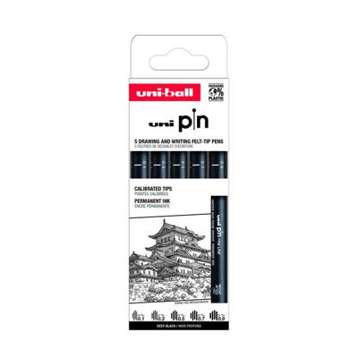 Fineliner Uni-ball Pin ASP008 set à 5 breedtes zwart Fineliner Uni-ball Pin ASP008 set à 5 breedtes zwart