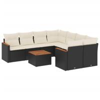 9-delige Loungeset met kussens poly rattan zwart - thumbnail