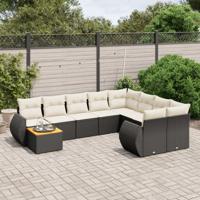 10-delige Loungeset met kussens poly rattan zwart - thumbnail