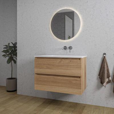 Adema Chaci Badkamermeubelset - 80x46x55cm - 1 keramische wasbak wit - zonder kraangaten - 2 lades - ronde spiegel met verlichting - eiken SW1212767/SW773926/SW108328 Adema Chaci Badkamermeubelset - 80x46x55cm - 1 keramische wasbak wit - zonder kraangaten - 2 lades - ronde spiegel met verlichting - eiken SW1212767/SW773926/SW108328