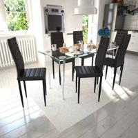 vidaXL Eetkamerset 6 zwarte slim line stoelen en 1 glazen tafel - thumbnail