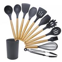 kn020 11 in 1 houten handvat siliconen non-stick spatel lepel keuken gereedschap + emmer set - thumbnail
