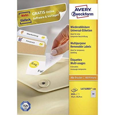 Avery-Zweckform L4732REV-100 Universele etiketten 35.6 x 16.9 mm Papier Wit 8000 stuk(s) Weer verwijderbaar Inkjet, Laser (zwart/wit), Laser (kleur), Kopiëren Avery-Zweckform L4732REV-100 Universele etiketten 35.6 x 16.9 mm Papier Wit 8000 stuk(s) Weer verwijderbaar Inkjet, Laser (zwart/wit), Laser (kleur), Kopiëren