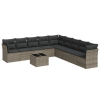 9-delige Loungeset met kussens poly rattan grijs - thumbnail
