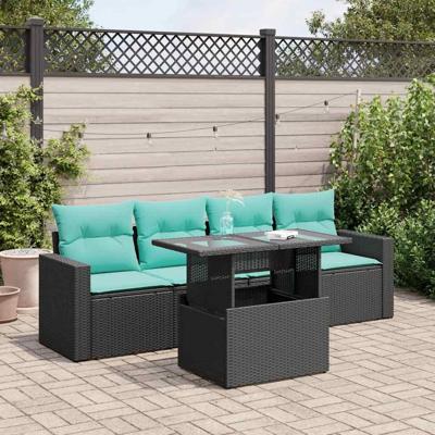 5-delige Loungeset met kussens poly rattan acacia zwart