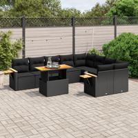 10-delige Loungeset met kussens poly rattan zwart - thumbnail