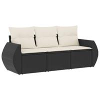 3-delige Loungeset met kussens poly rattan zwart - thumbnail