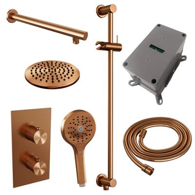 Regendoucheset Inbouw Brauer Copper Carving Thermostatisch 20 cm met 3-Weg Omstelling, Wandarm, Glijstang en Handdouche 3-Standen Geborsteld Koper
