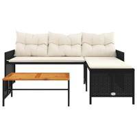 Tuinbank met tafel en kussens L-vormig poly rattan zwart - thumbnail