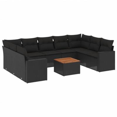 10-delige Loungeset met kussens poly rattan zwart