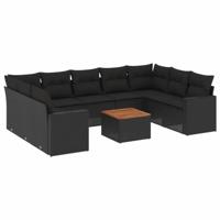10-delige Loungeset met kussens poly rattan zwart - thumbnail