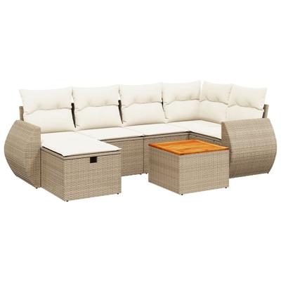 7-delige Loungeset met kussens poly rattan beige - thumbnail
