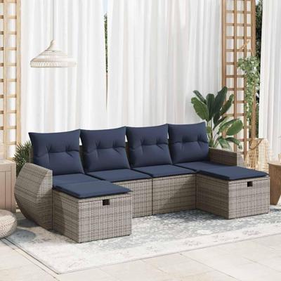 6-delige Loungeset met kussens poly rattan grijs