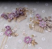 Mode bloem haar kammen hoofdtooi Prom Bridal Wedding haaraccessoires bladgoud haar juwelen haar pins (paarse sets) - thumbnail