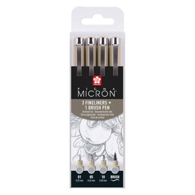 Sakura pigma micron fineliner set, 4 maten, licht koelgrijs