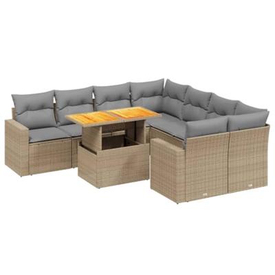 9-delige Loungeset met kussens poly rattan beige