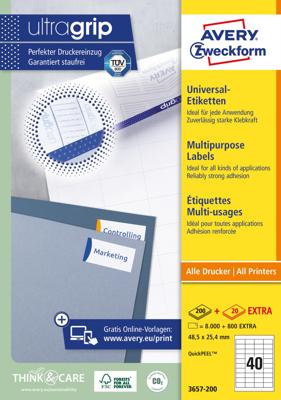 Avery-Zweckform 3657-200 Universele etiketten 48.5 x 25.4 mm Papier Wit 8800 stuk(s) Permanent hechtend Laser (kleur)