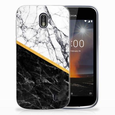 Nokia 1 | TPU | Siliconen hoesje | Marmer Wit Zwart - Origineel Cadeau Man