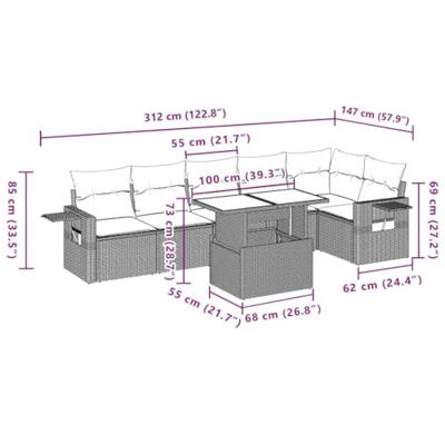 7-delige Loungeset met kussens poly rattan beige