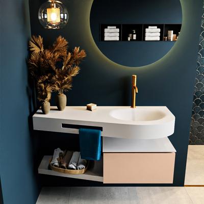 MONDIAZ RIVA 120cm badmeubel onderkast / planchet kleur Rosee met 1 lade. Wastafel DULCET rechts 1 kraangat kleur Talc.