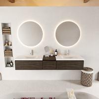 MONDIAZ BUKLA 200cm badmeubel met module 40 kleur Dark Brown met 3 lades. Wastafel CLOUD dubbel 2 kraangaten kleur Talc. - thumbnail