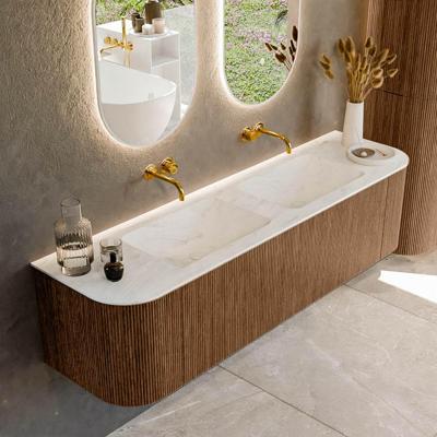 Mondiaz KURVE-DLUX 170 cm Onderkast Greeploos 1 Lade Met Deuren Walnut, Wastafel Solid Surface Dubbel Opalo 0 Kraangaten Zonder Spiegel (KRVLEA170L+R1L2D0KD-Wal/Opa)