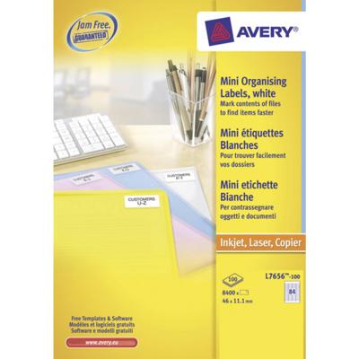 Avery L7656-100 mini etiketten ft 46 x 11,1 mm (b x h), wit, doos 8400 stuks Avery L7656-100 mini etiketten ft 46 x 11,1 mm (b x h), wit, doos 8400 stuks
