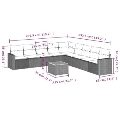10-delige Loungeset met kussens poly rattan grijs