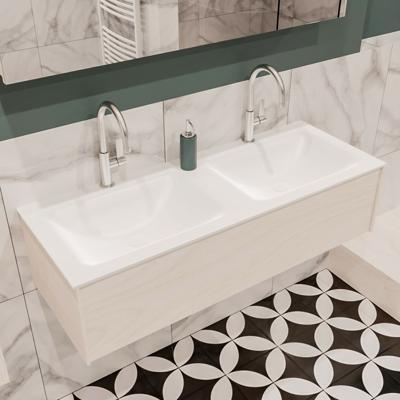 Mondiaz Lush Cloud badmeubel underlayment 120 cm 1 lade solid surface dubbele spoelbak 2 kraangaten