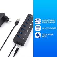 Ewent EW1147 Hub USB 3.2 Gen1, Concentrador USB, USB-splitter, 7 puerto's met interruptores Encendido/Apagado Individuale en Indicadores LED, met kabel van 1,2 m, met adapter 5V/3A, Negro - thumbnail
