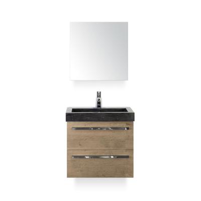 Seville Badmeubelset 60 cm - Natuur Eiken - Wastafel Hardsteen Wit Lucca - met Spiegelkast