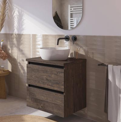 Saqu Gaia badmeubel incl. keramische waskom 60x51x76cm kasteel bruin - zwarte greeplijst