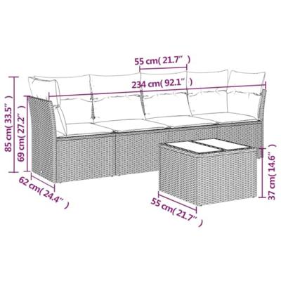 5-delige Loungeset met kussens poly rattan zwart