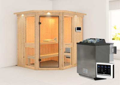Karibu | Amelia 1 Sauna met Dakkraag | Bronzeglas Deur | Biokachel 9 kW Externe Bediening