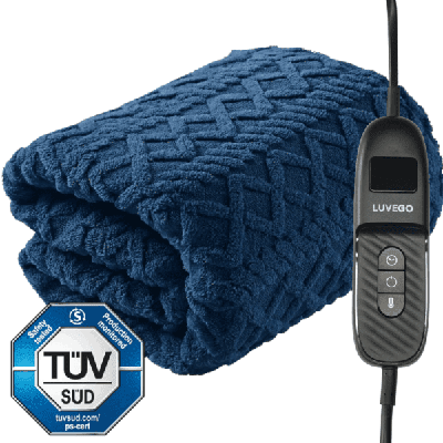 Luvego Elektrische Deken XL 1 Persoons Bovendeken - 180x130CM - TÜV GS - Warmtedeken, Omslagdeken & Knuffeldeken - 160W - Verwarmd Fleece Plaid - Donker Blauw