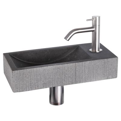 Differnz Ribble fonteinset - 38x18x8cm - Rechthoek - 1 kraangat - gebogen chroom matte kraan - natuursteen zwart 38.402.18