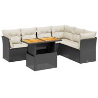 7-delige Loungeset met kussens poly rattan zwart - thumbnail
