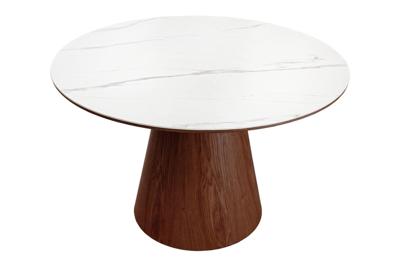 Ronde eettafel UNIQUE 120cm Wit Bruin Walnoot Hout Keramiek Marmeren Kolom Onderstel - 45144