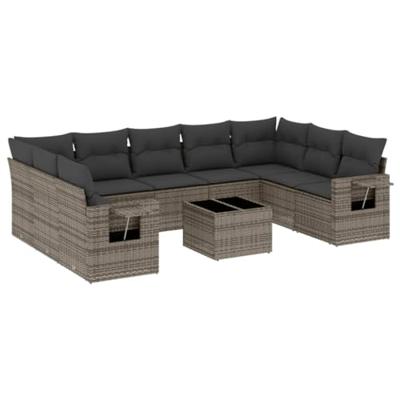 10-delige Loungeset met kussens poly rattan grijs