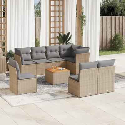 9-delige Loungeset met kussens poly rattan beige