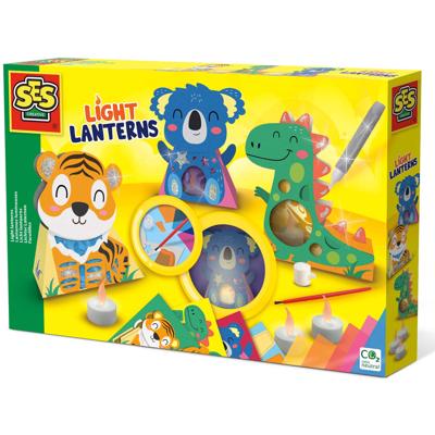 SES - licht lantaarns - zelf 3 lantaarns maken - met 3 led kaarsjes, 5 gekleurde cellofaan sheets, lijm en penseel