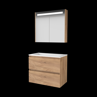 Basic-Line Premium 46 Badkamermeubelset - 80 x 46 cm - Greeploos - 2 Lades - Acryl Wastafel - Zonder Kraangat - Spiegelkast met LED Verlichting - Whisky Oak