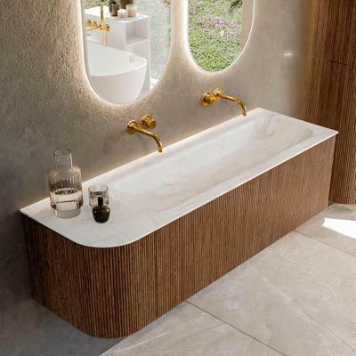 Mondiaz KURVE-DLUX 145 cm Onderkast Greeploos 1 Lade Met Deuren Walnut, Wastafel Solid Surface Rechts Ostra 0 Kraangaten Zonder Spiegel (KRVBGL145L1L1D0KR-Wal/Ost)