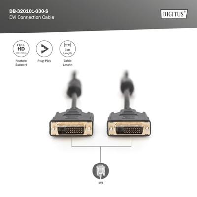 DIGITUS DVI-aansluitkabel, DVI(24+1), 2x ferriet M/M, 3,0 m, DVI-D Dual Link, zwart