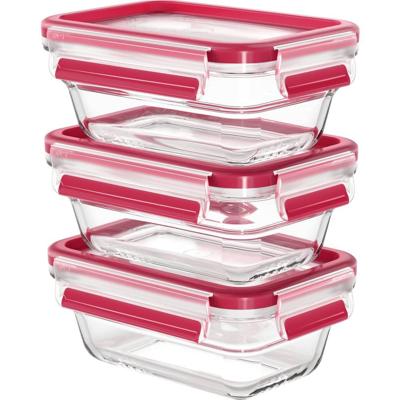 Emsa Clip & Close Vershoudbakje 0.45 l, 0.45 l, 0.45 l Set van 3 stuks Glas Met deksel, Vaatwasserbestendig, Met kliksluiting, Waterdicht Transparant, Rood